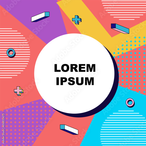 Abstract background square card with various geometric shapes ornaments and blank text space. Square wallpaper with geometric memphis style.