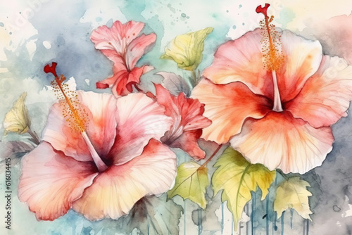 Wallpaper Mural Beautiful watercolor of swamp hibiscus flowers, scientific name Hibiscus Coccineus. Generative AI. Torontodigital.ca