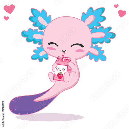 kawaii axolotl drinking strawberry milk tea cartoon vector illustration
