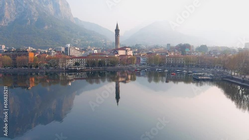 Aerial beautiful morning cityscape of Lecco town, Lombardy, Italy, Europe photo