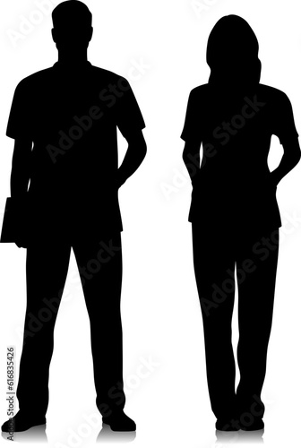 Silhouettes of healthcare workers. Happy smiling doctors with a stethoscope. Male and female nurse in blue uniform poses. Different color options. Vector flat style illustration set isolated on white