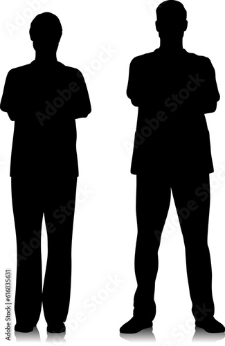 Silhouettes of healthcare workers. Happy smiling doctors with a stethoscope. Male and female nurse in blue uniform poses. Different color options. Vector flat style illustration set isolated on white