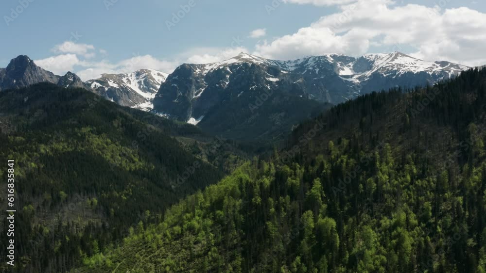 Top view mountain peaks covered with snow bright sun light, daylight, stunning aerial drone opening shot mountains and green hills with pine trees, spring season mountain range landscape Top view mountain peaks covered with snow bright sun light, daylight, stunning aerial drone opening shot mountains and green hills with pine trees, spring season mountain range landscape