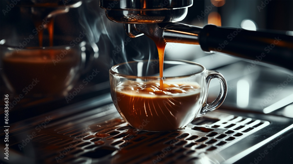 espresso pouring from coffee machine, generative ai espresso pouring from coffee machine, generative ai