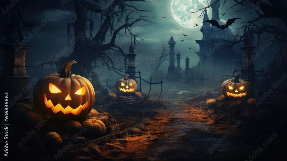 Halloween pumpkins in a scary forest. a creepy castle is in the background. Halloween pumpkins in a scary forest. a creepy castle is in the background.