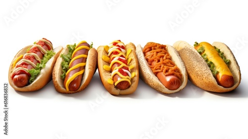 A variety of hot dogs with different toppings on display