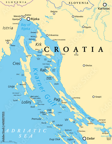 Kvarner Gulf, part of internal waters of Croatia, political map. Also known as Kvarner Bay, in the northern Adriatic Sea, located between Istrian peninsula and the northern Croatian Littoral mainland.
