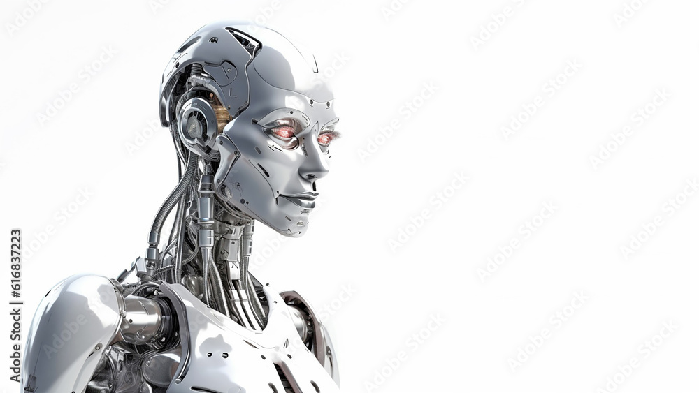 The face of a humanoid robot on an isolated background and close-up. Generative AI The face of a humanoid robot on an isolated background and close-up. Generative AI