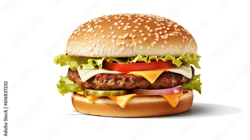 A juicy hamburger with melted cheese, crisp lettuce, and ripe tomato slices on a sesame seed bun A juicy hamburger with melted cheese, crisp lettuce, and ripe tomato slices on a sesame seed bun