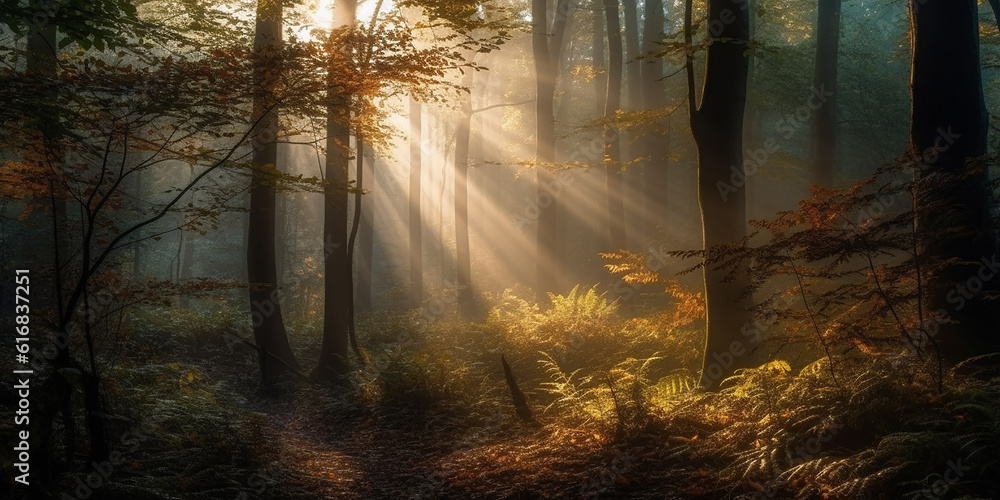 Obraz premium Landscape of autumn deciduous forest in sunny and slightly foggy weather. Generative AI