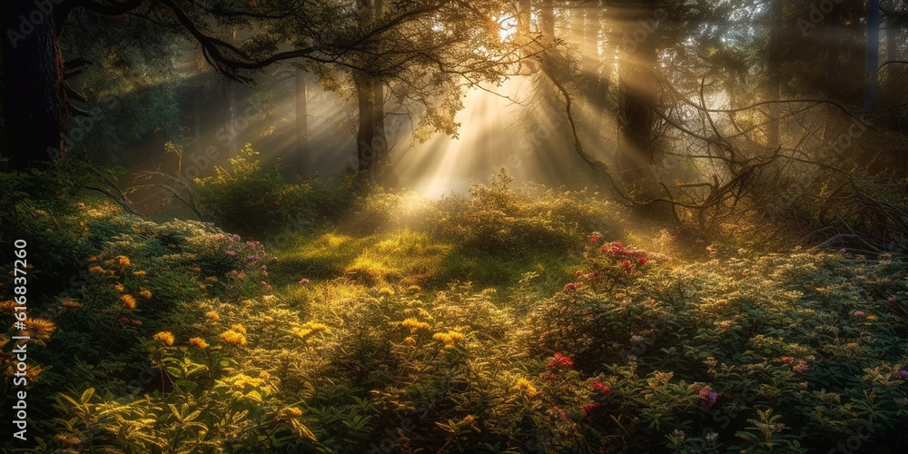 Sunbeams and light morning mist in summer dense deciduous forest. Generative AI