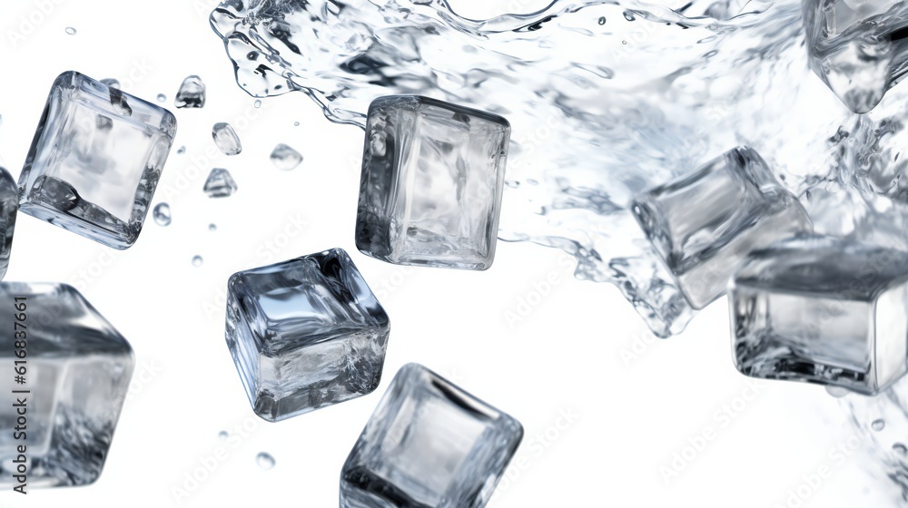 Obraz premium Ice cubes dropping into a glass of water, creating splashes and ripples