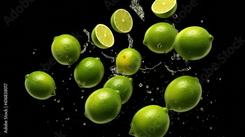 Limes with water droplets splashing on them