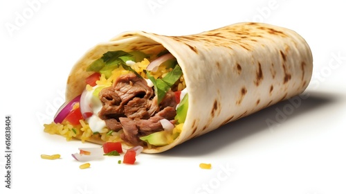 A delicious burrito filled with flavorful meat and fresh vegetables on a clean white background