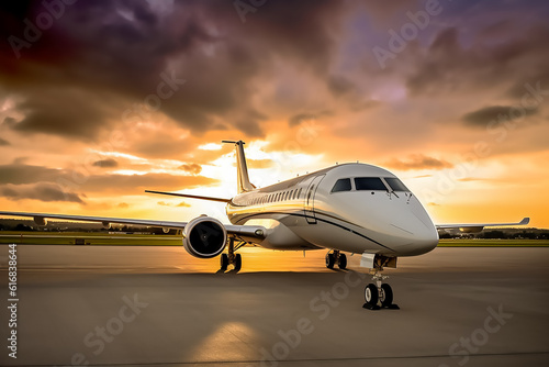 Illustration of a large luxury private jet against sunset sky, Generative AI image.