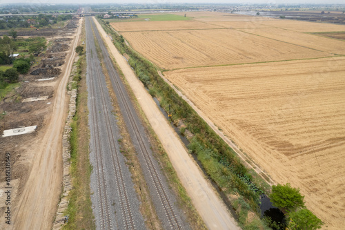 Aerial view from flying drone of railroad tracks