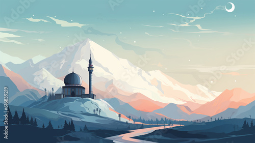 Mosque with a snow capped mountain peak background  Generative AI