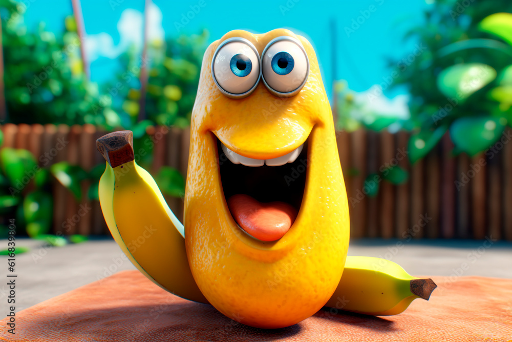 Fresh banana on cutting board. Generative AI. Funny cartoon tropical