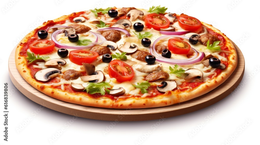 A delicious pizza with various toppings on a rustic wooden plate