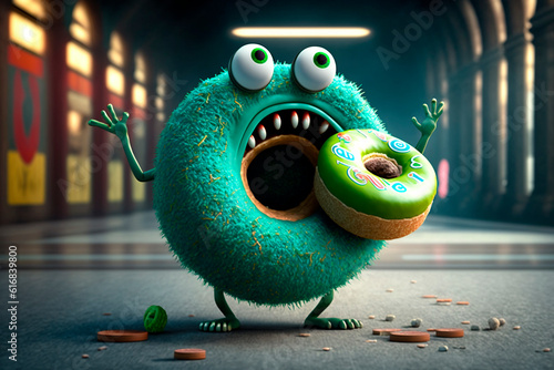 Eating donut with appetite. Generative AI. Funny green monster eats doughnut with colored icing. National Donut Day or Fat Thursday. Image for children's book, pizzeria, notebook, signboard, cover.