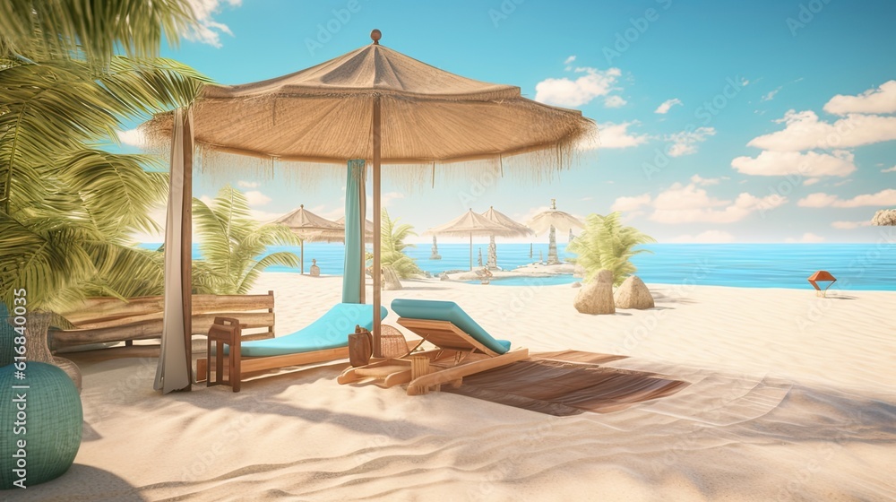 lounge chairs and umbrella on the beach