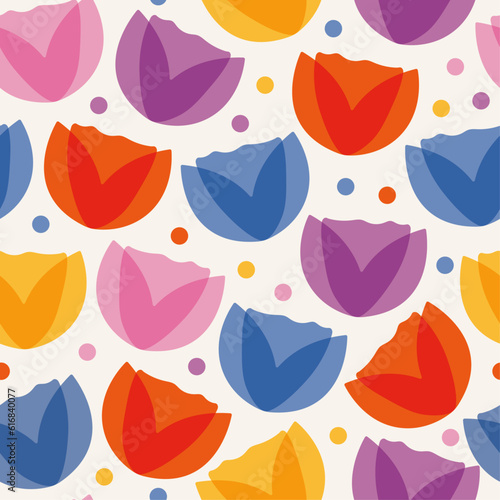 Cheerful tulip seamless vector pattern. Bright, bold, colorful floral design in a modern style. Simple, minimal, graphical flower shapes in vibrant, fun colors. Repeat background, wallpaper print.