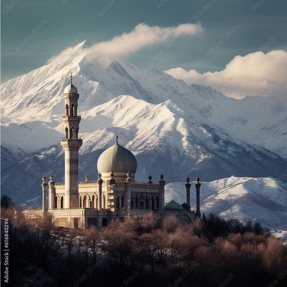 A Mosque with a snow capped mountain peak background, Generative AI
