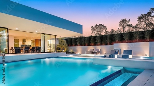 Wide-Angle Shot of Modern House Exterior Pool Side. Mid-Century Architecture Design Idea of Swimming Pool and Landscaping. © Vivienne