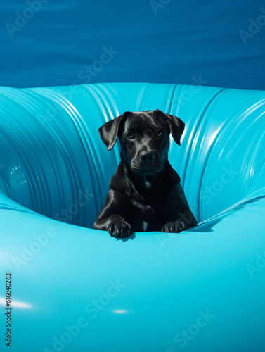a dog is sitting near the edge of an inflatable pool and is having fun, in the style of cyan and black, contemporary modernist-type photography, soft-focus portraits, frogcore, raw versus finished, mu photo