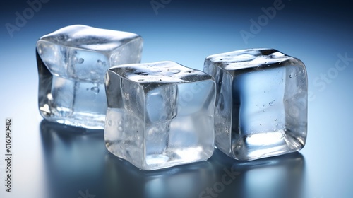 Three transparent ice cubes on a wooden surface