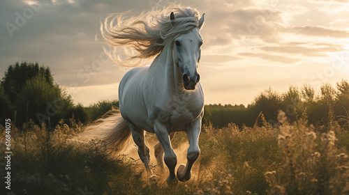 A Majestic Wild White Horse Galloping Freely Across an Open Field - Mane Flowing in the Wind - Dramatic Outdoor Lighting - Generative AI © AnArtificialWonder