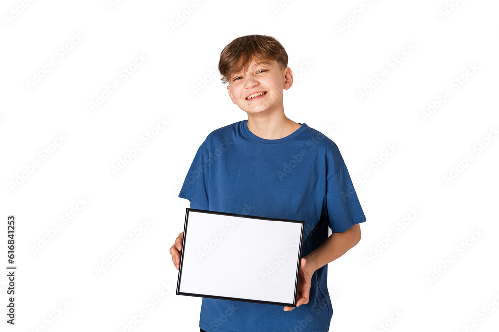 Attractive teenage boy holding a white blank paper isolated on white background. Attractive teenage boy holding a white blank paper isolated on white background.