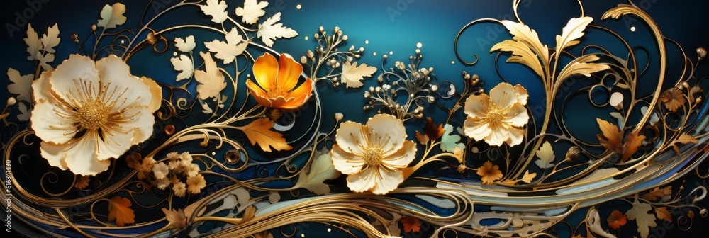 A beautiful floral header or border in a modern art nouveau style. Generative AI. 