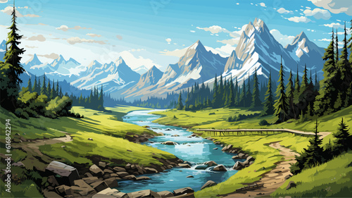Beautiful landscape. Small river. Mountains on the horizon. Green meadow. Forest. Clear sky. Bright warm colors. The beauty of the nature. Landscape work of art. Vector illustration design.