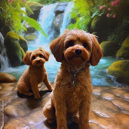 dogs in the jungle at the waterfall 