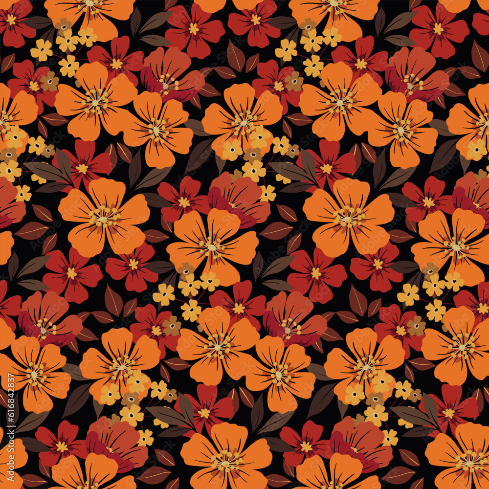 Seamless floral pattern, retro style ditsy print with cute autumn botany. Vintage botanical fabric, paper design: small hand drawn flowers, leaves, meadow in natural colors. Vector illustration.