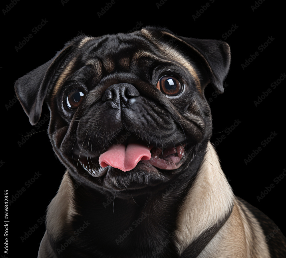 pug dog png, download free pictures of pugs, animal stickers, in the style of black background, tamron 24mm f/2.8 di iii osd m1:2, emotive gestures and expressions, colorized, 32k