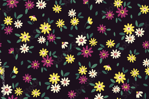 Seamless floral pattern, liberty ditsy print with mini cute flowers. Romantic botanical design of fabric, textile: small hand draw daisy flowers, tiny leaves on a dark background. Vector illustration.