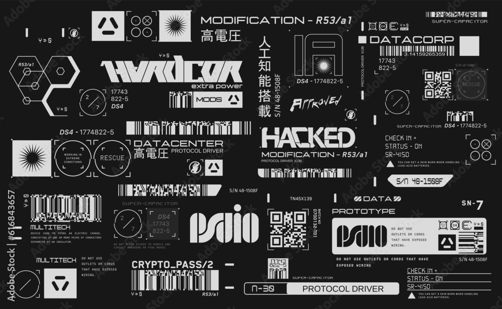 Cyberpunk decals set. Set of vector stickers and labels in futuristic style. Inscriptions and symbols, Japanese hieroglyphs for danger, attention, AI controlled, high voltage, warning. - obrazy, fototapety, plakaty 
