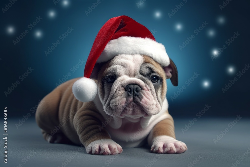 Cute puppy in Santa Claus hat or christmas red cap. Bulldog dog. AI generated, human enhanced