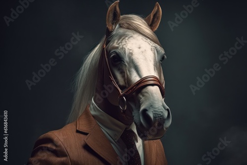 Anthropomorphic Horse dressed in a suit like a businessman. Business Concept. AI generated, human enhanced