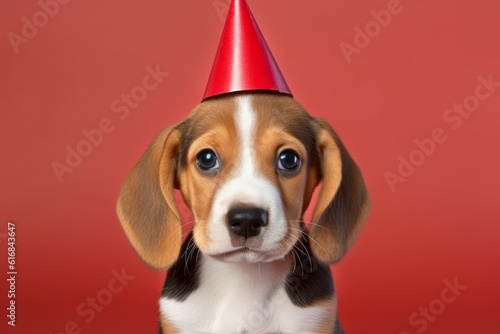 Cute dog in a birthday hat. Pet birthday concept. AI generated, human enhanced © top images