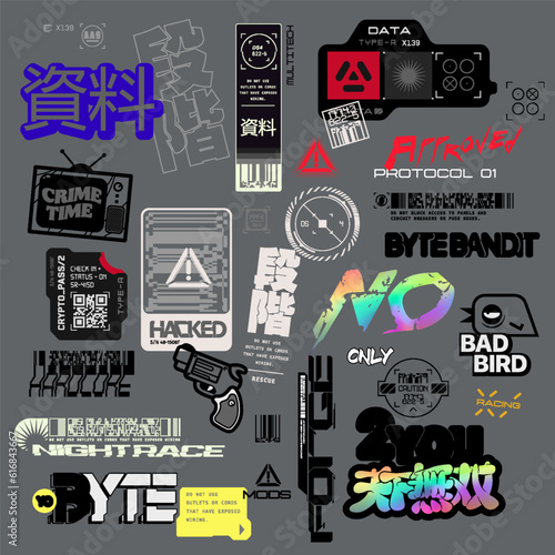 Cyberpunk decals set. Set of vector stickers and labels in futuristic style. Inscriptions and symbols, Japanese hieroglyphs for matchless, step, material.