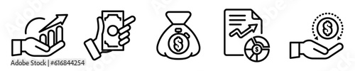 Conjunto de iconos de finanzas. Concepto de negocios y economía. Estadísticas de ventas, capital de dinero, bolsa de dinero, estudio de mercado. Ilustración vectorial