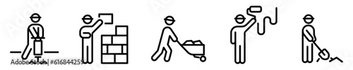 Conjunto de iconos de trabajadores de construcción. Obreros, albañiles. Ilustración vectorial