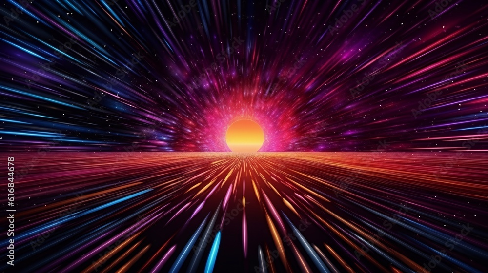 A vibrant and dynamic abstract space filled with colorful lines and stars A vibrant and dynamic abstract space filled with colorful lines and stars