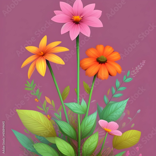 Illustration of flowers and plants with a copyspace colorful background.