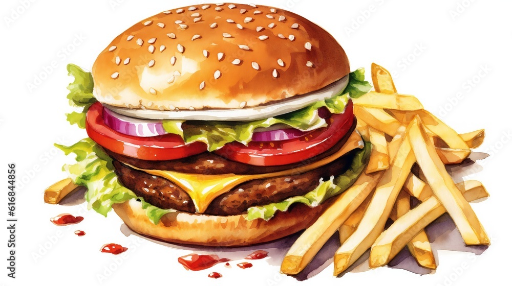 A delicious burger and crispy french fries on a plate A delicious burger and crispy french fries on a plate
