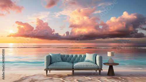 A sofa on closeup sea sand beach. Panoramic beach landscape. Inspire tropical beach seascape horizon. Orange and golden sunset sky calmness tranquil relaxing sunlight summer mood. Generative AI