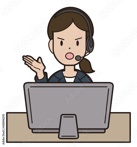 パソコン入力をしながら電話応対をするスーツの若い女性　コールセンター　怒る　こちらをご覧下さい